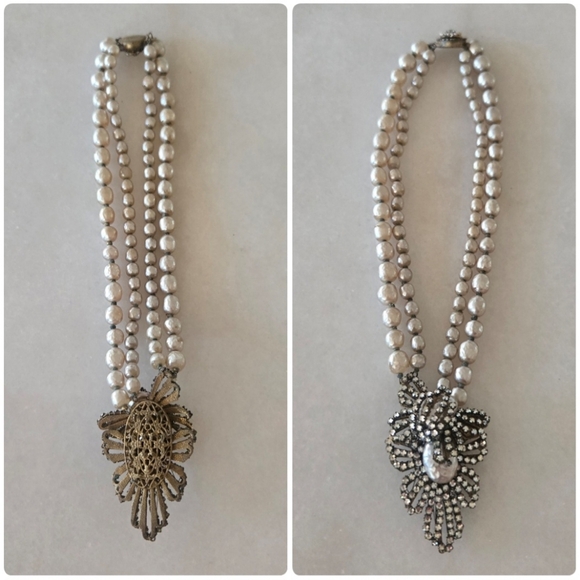 Vtg Signed 40s 50s Miriam Haskell Baroque Pearl Multi Strand Necklace, 14" - Picture 2 of 16